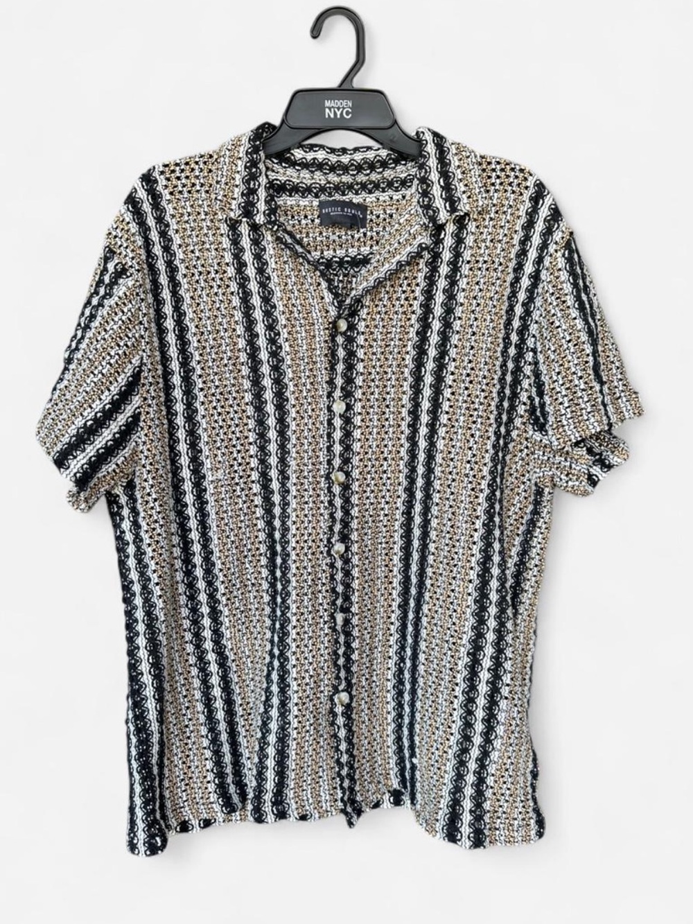 Rustic Souls Short-Sleeve Knit Button-Down Shirt in Black & Tan